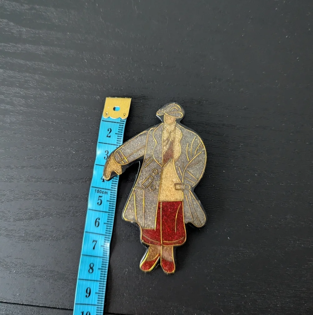 Vintage 80s/90s Long Coat Person Gray Red Gold Tone Plastic Brooch Pin
